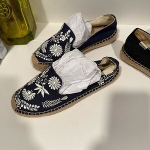 Navy Espadrilles with White Floral Embroidery